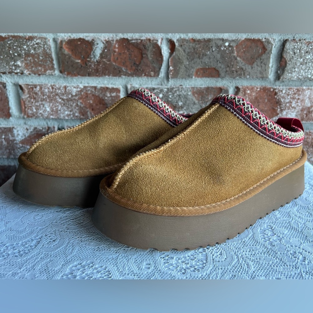 French Connection Brown Suede Mules with Red Trim size Medium (7-8)